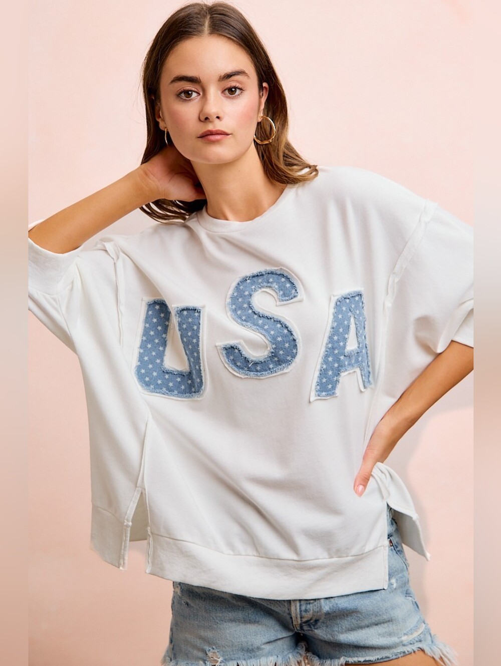 BiBi 4th Of July Usa Letter Patchwork French Terry Top